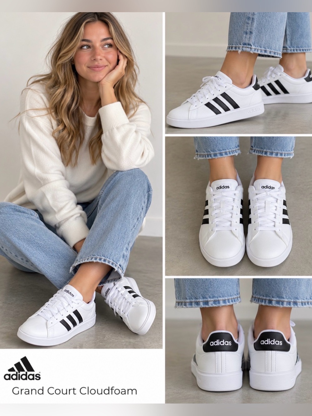 Adidas Grand Court Cloudfoam White Sneakers Black Stripes Size 6 New without Box